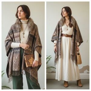 Dark Academia Wool Blend Poncho Faux Fur Collar Earthy Luxe